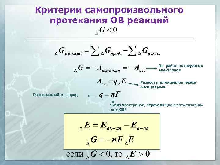 Критерии самопроизвольного протекания ОВ реакций Эл. работа по переносу электронов Разность потенциалов между электродами