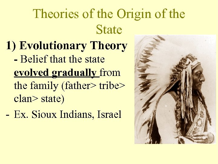 Theories of the Origin of the State 1) Evolutionary Theory - Belief that the