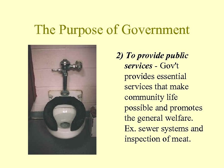 The Purpose of Government 2) To provide public services - Gov't provides essential services
