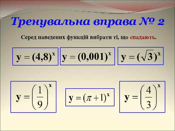 Тренувальна вправа № 2 Серед наведених функцій вибрати ті, що спадають. 