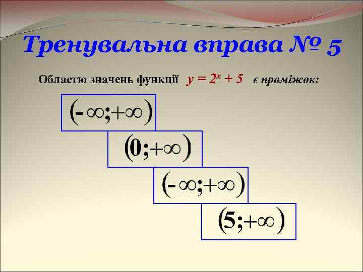 Тренувальна вправа № 5 Областю значень функції y = 2 x + 5 є