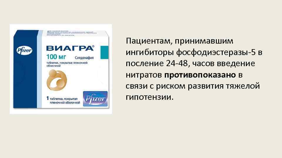 Пациентам, принимавшим ингибиторы фосфодиэстеразы-5 в посление 24 -48, часов введение нитратов противопоказано в связи