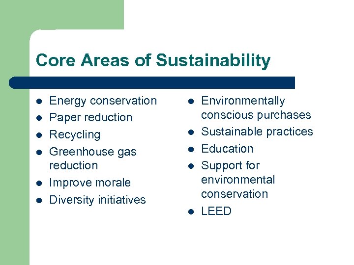 Core Areas of Sustainability l l l Energy conservation Paper reduction Recycling Greenhouse gas