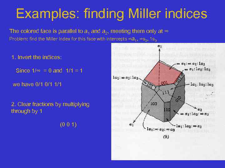 Examples: finding Miller indices The colored face is parallel to a 1 and a