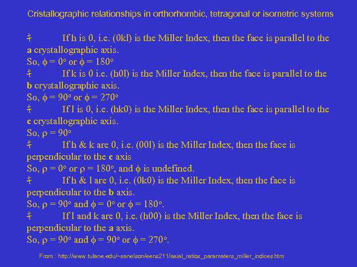 Cristallographic relationships in orthorhombic, tetragonal or isometric systems ｷ If h is 0, i.