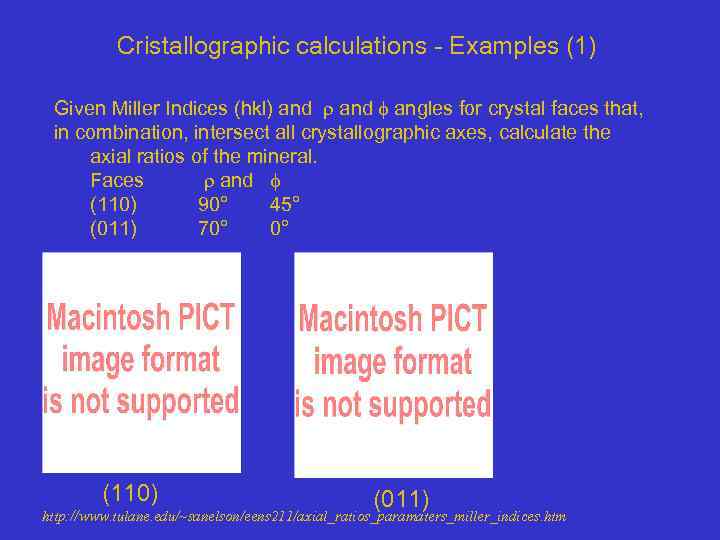 Cristallographic calculations - Examples (1) Given Miller Indices (hkl) and angles for crystal faces