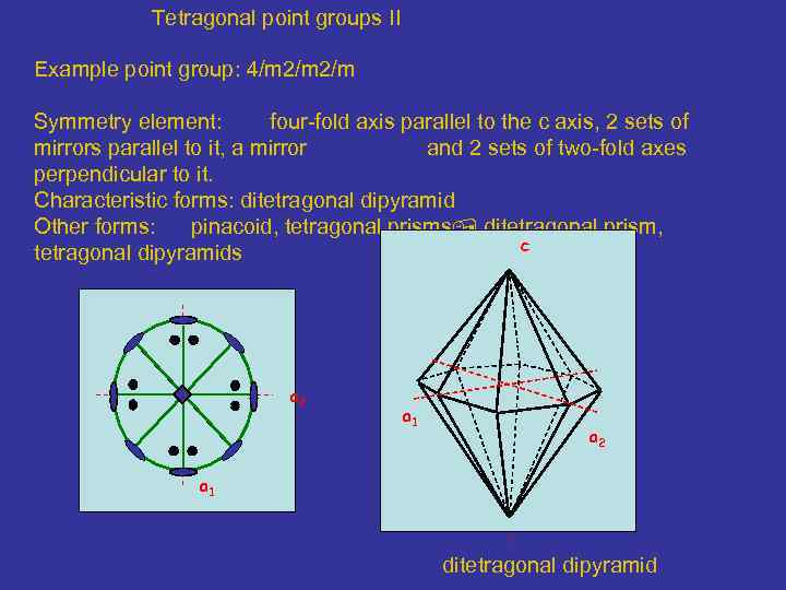 Tetragonal point groups II Example point group: 4/m 2/m Symmetry element: four-fold axis parallel