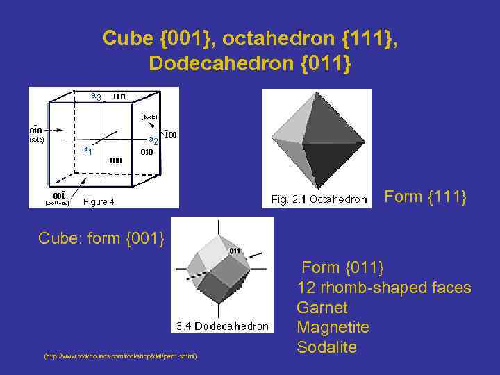 Cube {001}, octahedron {111}, Dodecahedron {011} Form {111} Cube: form {001} (http: //www. rockhounds.