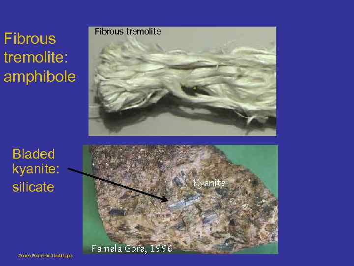 Fibrous tremolite: amphibole Bladed kyanite: silicate Zones, Forms and habit. ppp Fibrous tremolite 