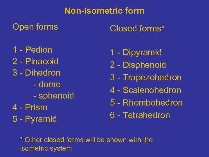 Non-isometric form Open forms Closed forms* 1 - Pedion 2 - Pinacoid 3 -