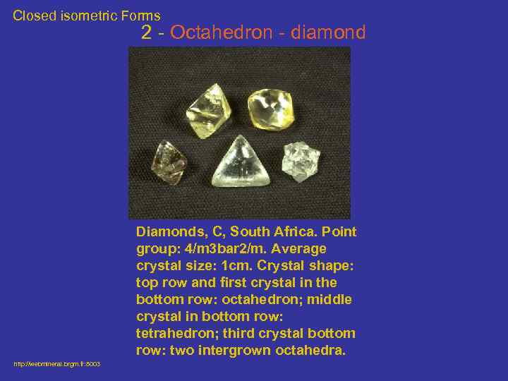 Closed isometric Forms 2 - Octahedron - diamond Diamonds, C, South Africa. Point group: