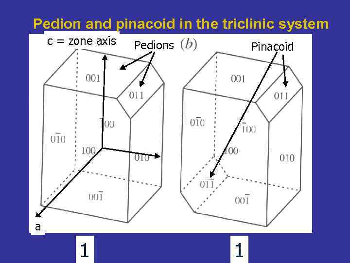 Pedion and pinacoid in the triclinic system c = zone axis Pedions Pinacoid a