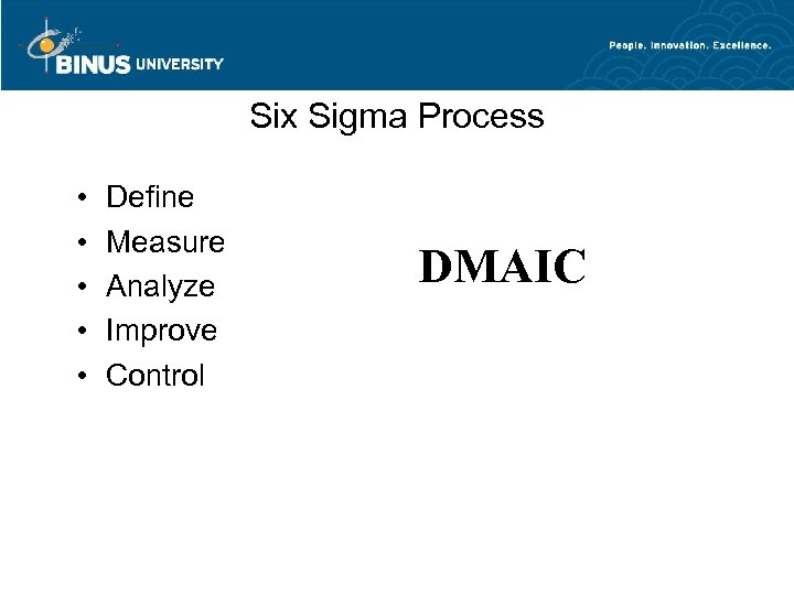 Six Sigma Process • • • Define Measure Analyze Improve Control DMAIC 