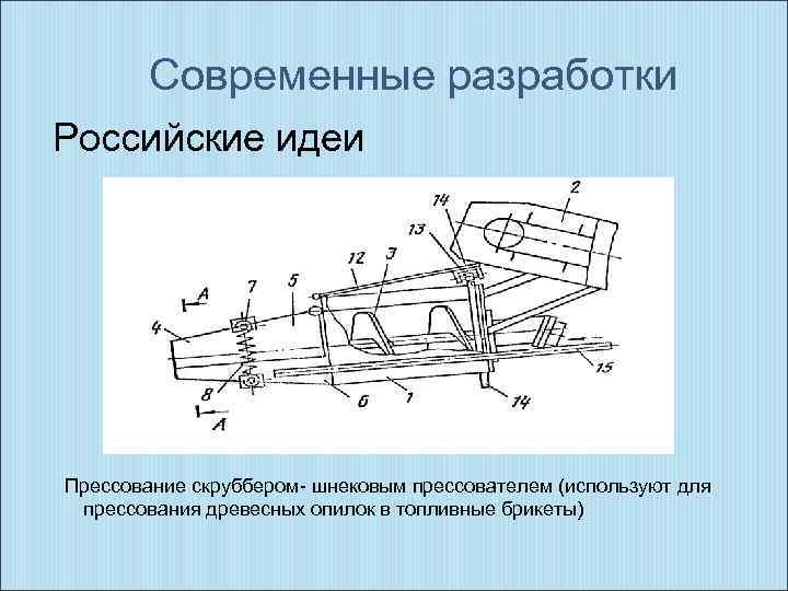 Современные разработки Российские идеи Прессование скруббером- шнековым прессователем (используют для прессования древесных опилок в