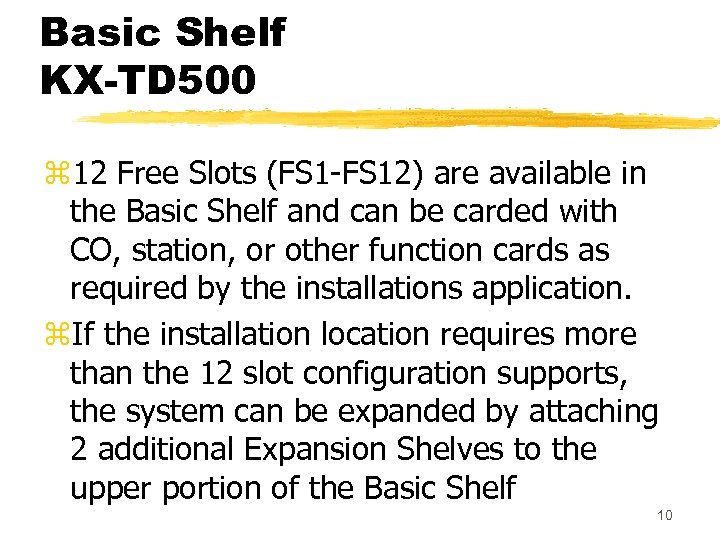 Basic Shelf KX-TD 500 z 12 Free Slots (FS 1 -FS 12) are available