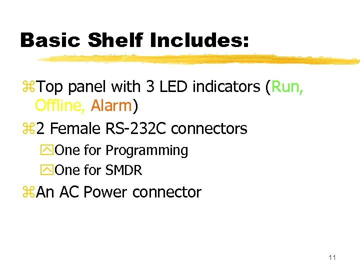 Basic Shelf Includes: z. Top panel with 3 LED indicators (Run, Offline, Alarm) z