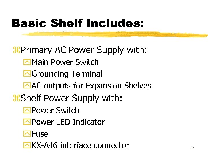 Basic Shelf Includes: z. Primary AC Power Supply with: y. Main Power Switch y.