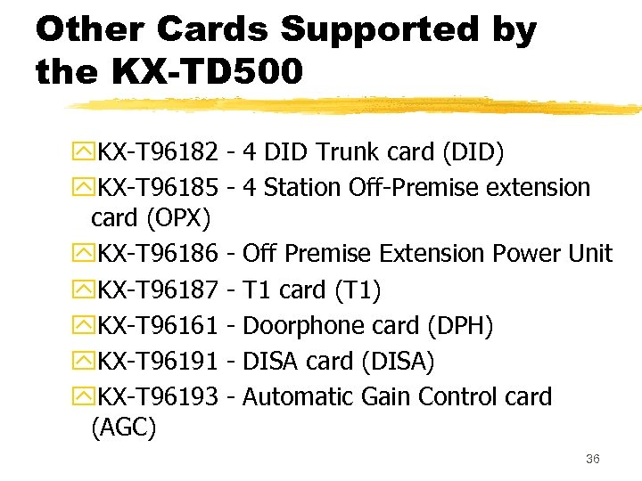 Other Cards Supported by the KX-TD 500 y. KX-T 96182 y. KX-T 96185 card