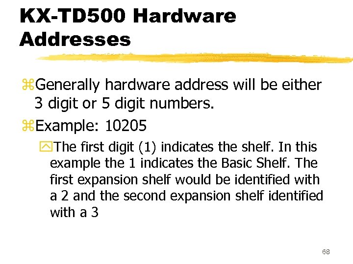 KX-TD 500 Hardware Addresses z. Generally hardware address will be either 3 digit or