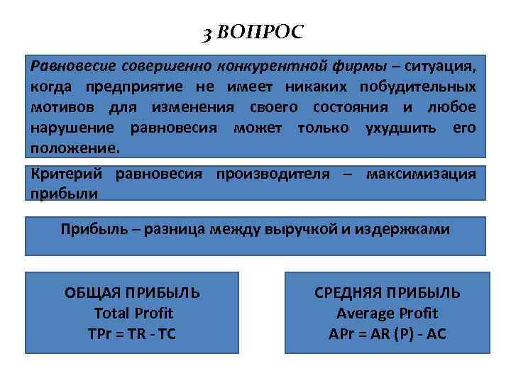 3 ВОПРОС Равновесие совершенно конкурентной фирмы – ситуация, когда предприятие не имеет никаких побудительных