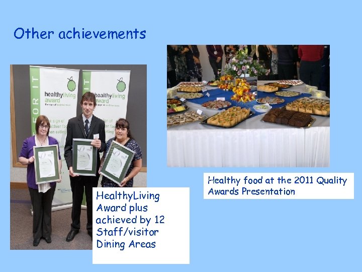 Other achievements Healthy. Living Award plus achieved by 12 Staff/visitor Dining Areas Healthy food