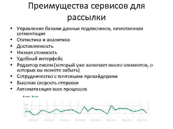 Преимущества сервисов для рассылки • Управление базами данных подписчиков, качественная сегментация • Статистика и