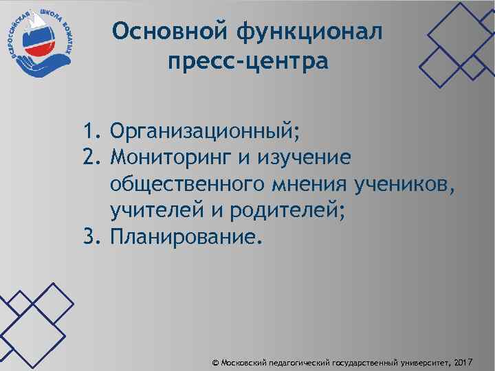 Основной функционал пресс-центра 1. Организационный; 2. Мониторинг и изучение общественного мнения учеников, учителей и