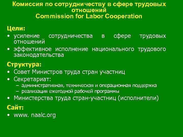 Комиссия по сотрудничеству в сфере трудовых отношений Commission for Labor Cooperation Цели: • усиление