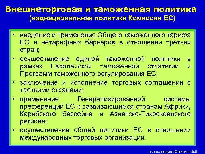 Внешнеторговая и таможенная политика (наднациональная политика Комиссии ЕС) • введение и применение Общего таможенного