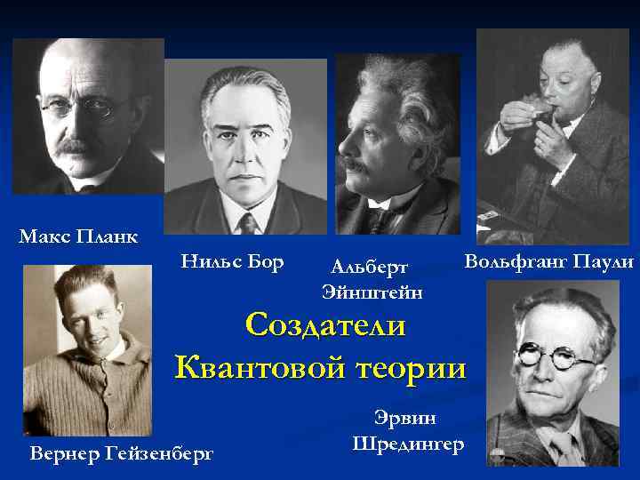 Макс Планк Нильс Бор Альберт Эйнштейн Вольфганг Паули Создатели Квантовой теории Вернер Гейзенберг Эрвин