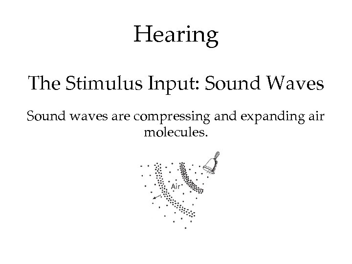 Hearing The Stimulus Input: Sound Waves Sound waves are compressing and expanding air molecules.