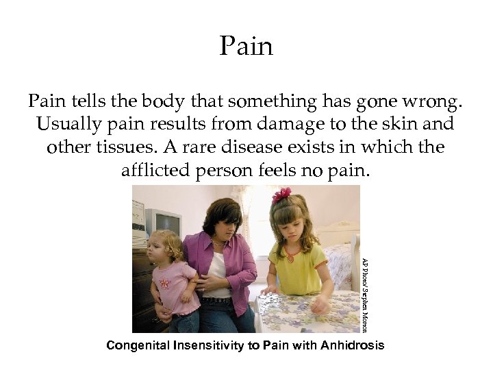 Pain tells the body that something has gone wrong. Usually pain results from damage