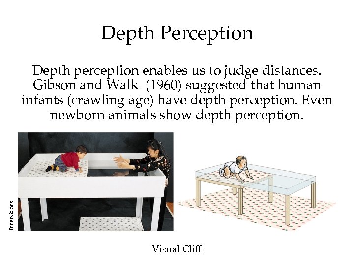 Depth Perception Innervisions Depth perception enables us to judge distances. Gibson and Walk (1960)