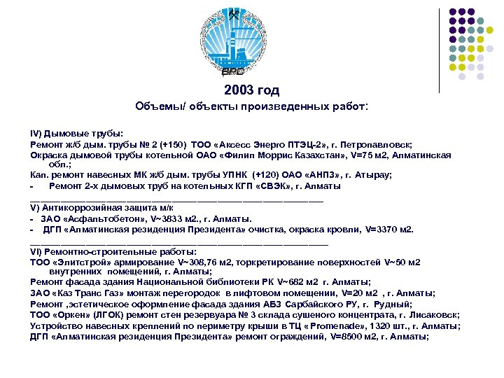 2003 год Объемы/ объекты произведенных работ: IV) Дымовые трубы: Ремонт ж/б дым. трубы №