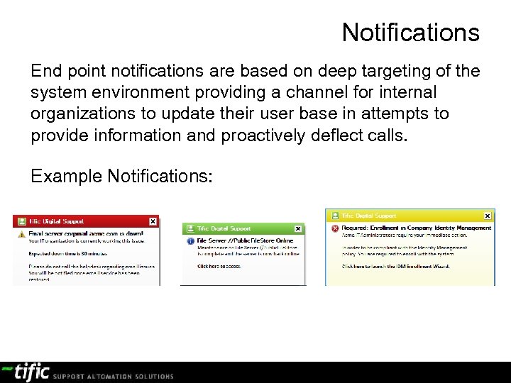 Notifications End point notifications are based on deep targeting of the system environment providing