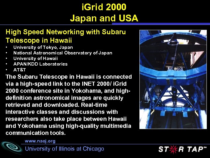 i. Grid 2000 Japan and USA High Speed Networking with Subaru Telescope in Hawaii