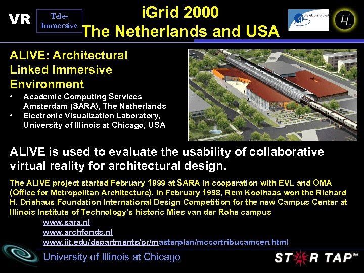 VR Tele. Immersive i. Grid 2000 The Netherlands and USA ALIVE: Architectural Linked Immersive