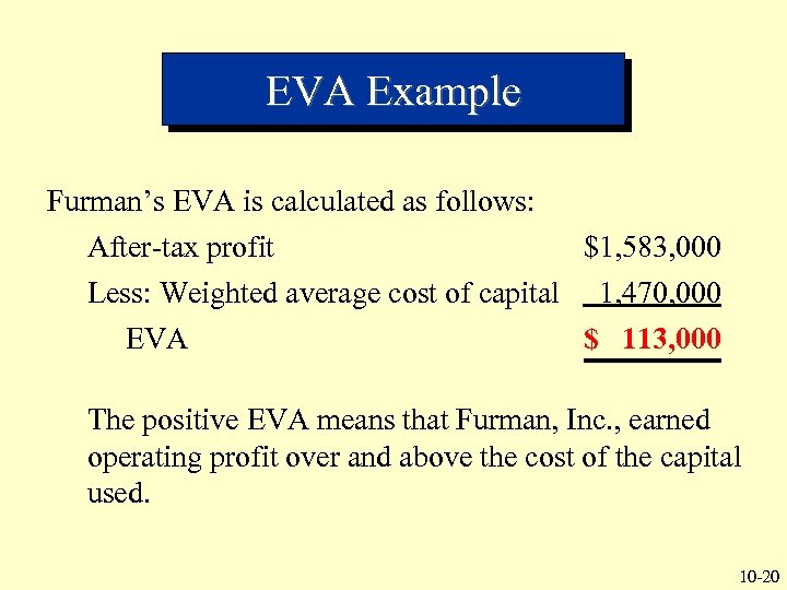 EVA Example Furman’s EVA is calculated as follows: After-tax profit Less: Weighted average cost