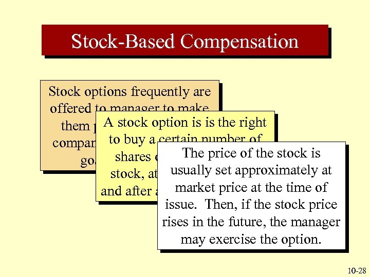 Stock-Based Compensation Stock options frequently are offered to manager to make A owners of