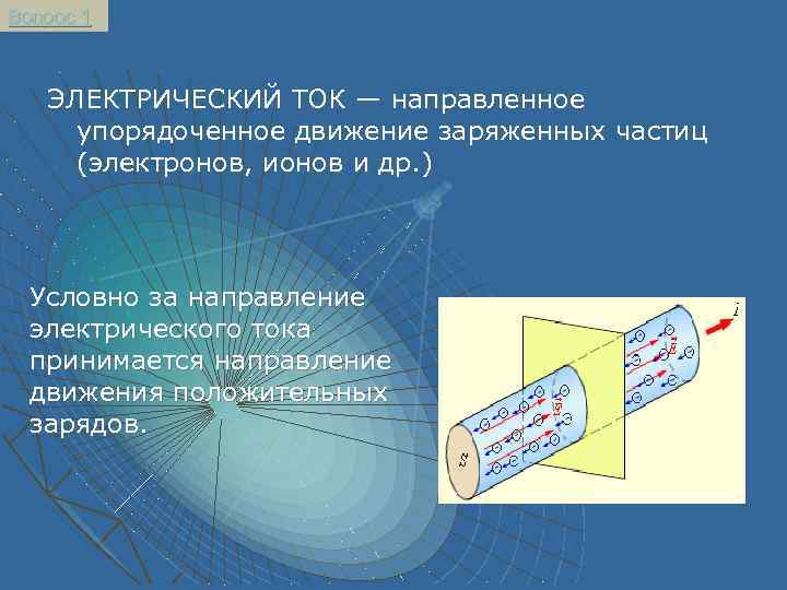 Вопрос 1 ЭЛЕКТРИЧЕСКИЙ ТОК — направленное упорядоченное движение заряженных частиц (электронов, ионов и др.