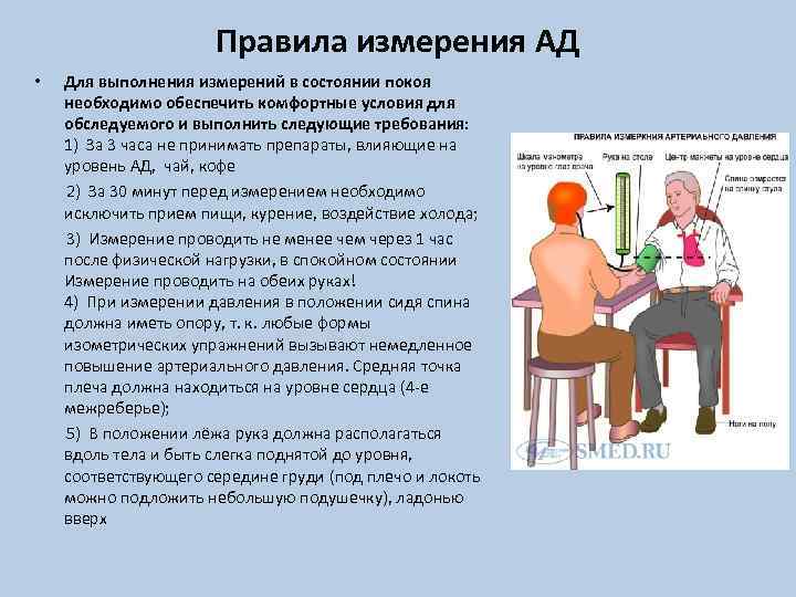 Правила измерения АД Для выполнения измерений в состоянии покоя необходимо обеспечить комфортные условия для