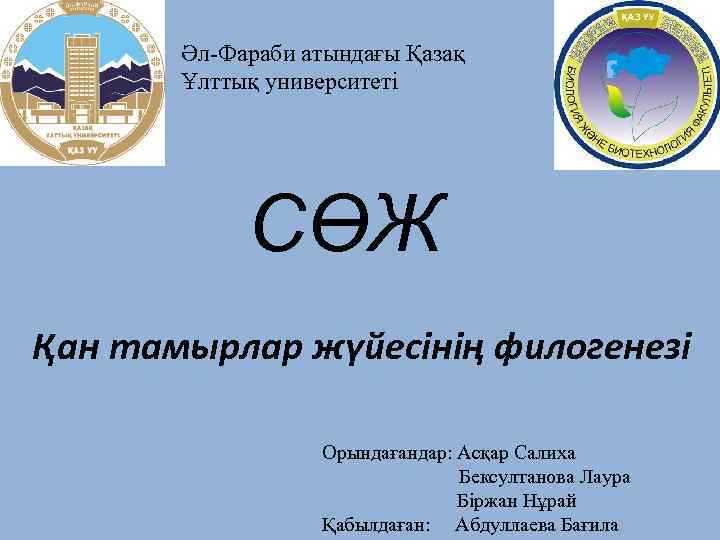 Әл-Фараби атындағы Қазақ Ұлттық университеті СӨЖ Қан тамырлар жүйесінің филогенезі Орындағандар: Асқар Салиха Бексултанова