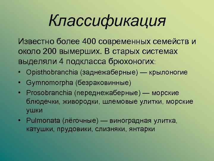 Классификация Известно более 400 современных семейств и около 200 вымерших. В старых системах выделяли