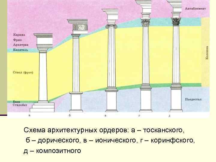 Схема архитектурных ордеров: а – тосканского, б – дорического, в – ионического, г –