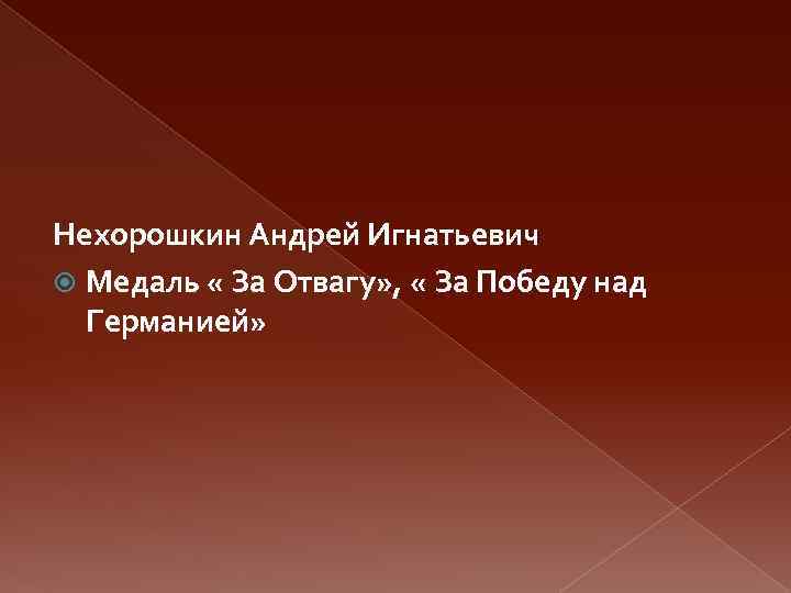 Нехорошкин Андрей Игнатьевич Медаль « За Отвагу» , « За Победу над Германией» 