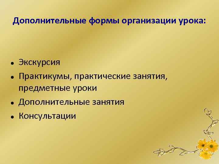 Дополнительные формы организации урока: Экскурсия Практикумы, практические занятия, предметные уроки Дополнительные занятия Консультации 