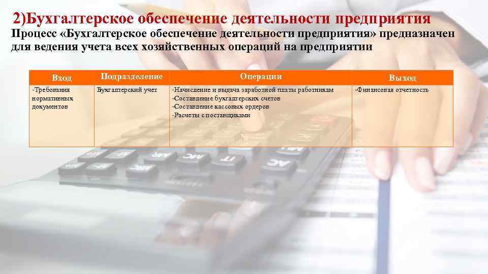 2)Бухгалтерское обеспечение деятельности предприятия Процесс «Бухгалтерское обеспечение деятельности предприятия» предназначен для ведения учета всех