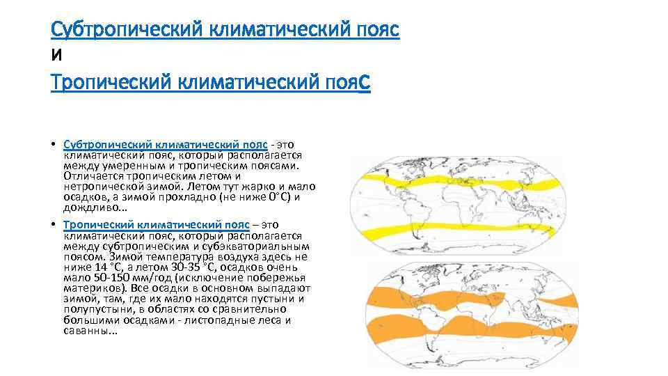 Субтропический климатический пояс и Тропический климатический пояс • Субтропический климатический пояс - это климатический