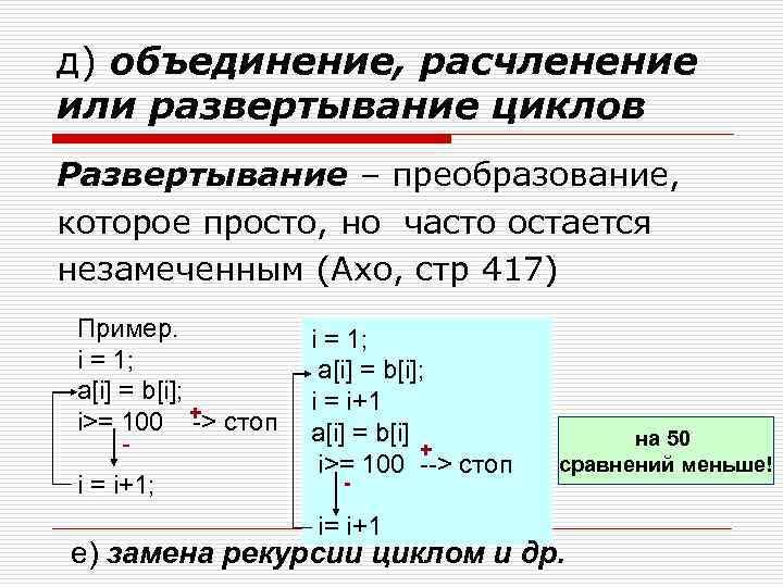 д) объединение, расчленение или развертывание циклов Развертывание – преобразование, которое просто, но часто остается