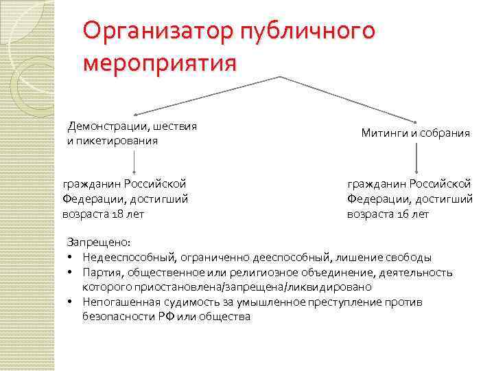 Организатор публичного мероприятия Демонстрации, шествия и пикетирования гражданин Российской Федерации, достигший возраста 18 лет
